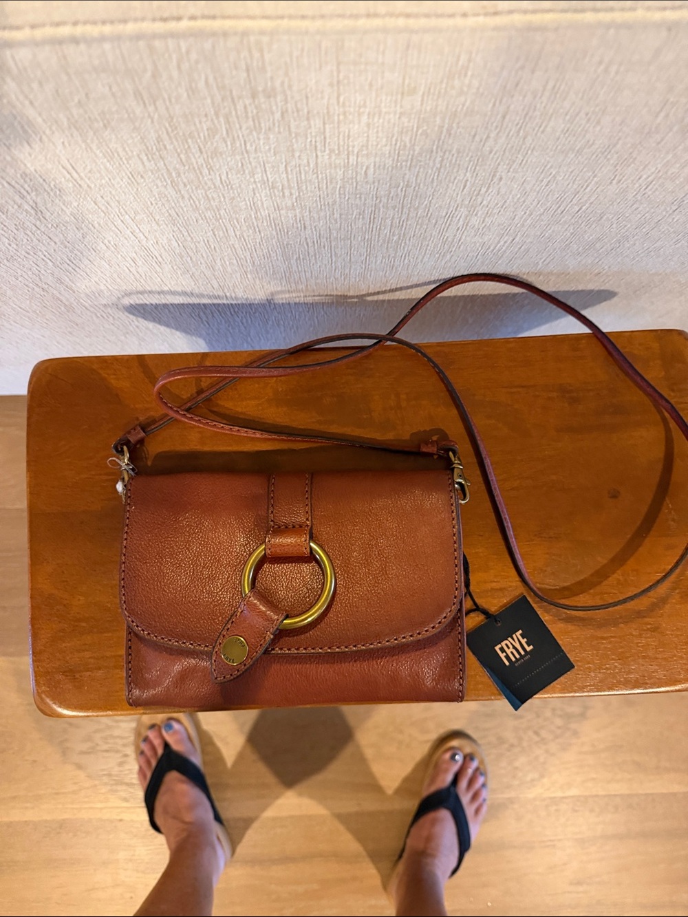 Frye Chestnut Leather Crossbody with Gold Ring